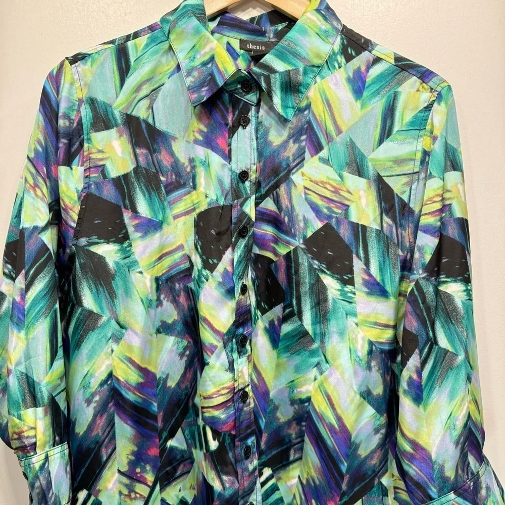 Thesis Teal Green Blue & Purple Color Splash 3/4 Sleeve Button Front Shirt XL